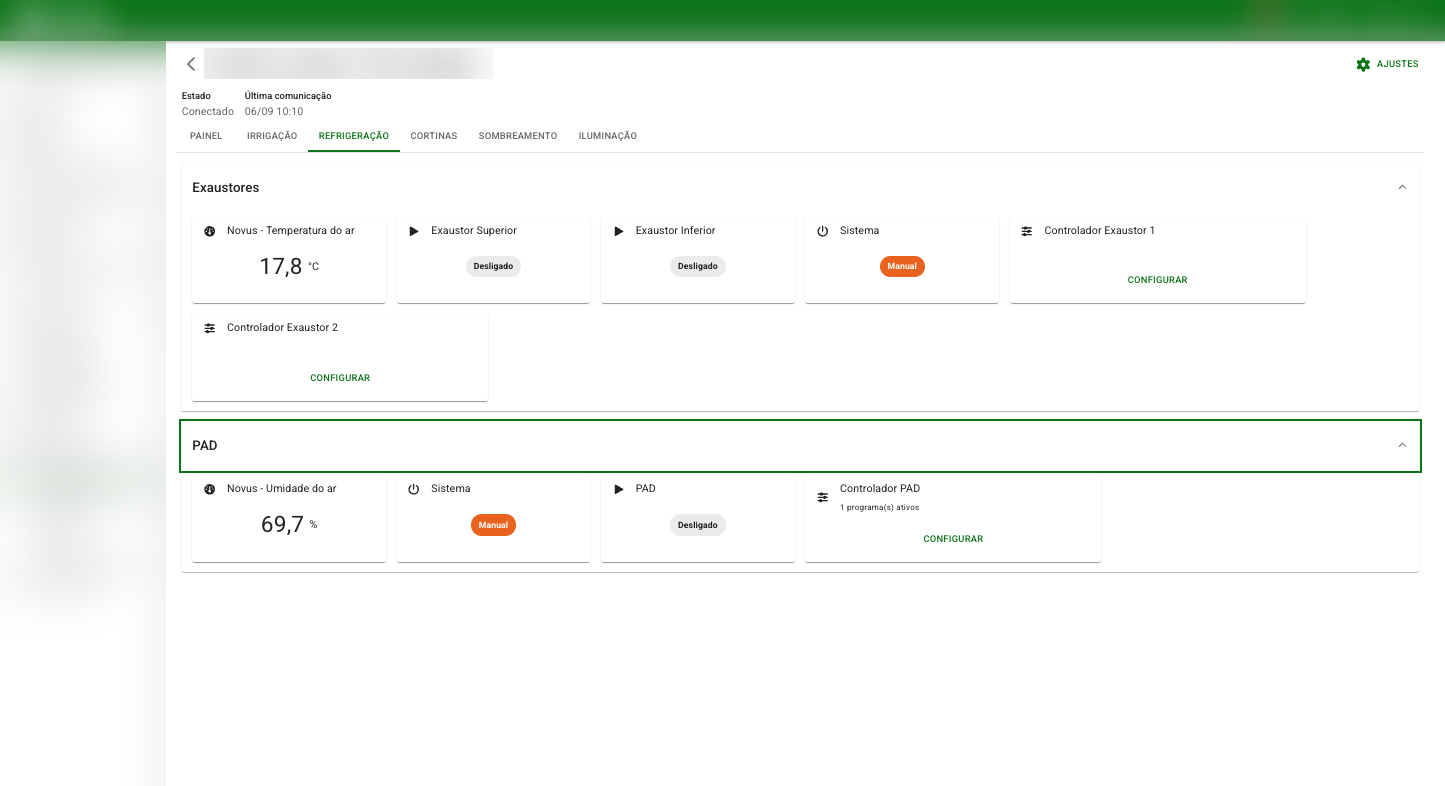 Painel PadFan com temperatura, umidade e estados dos exaustores e do PAD.