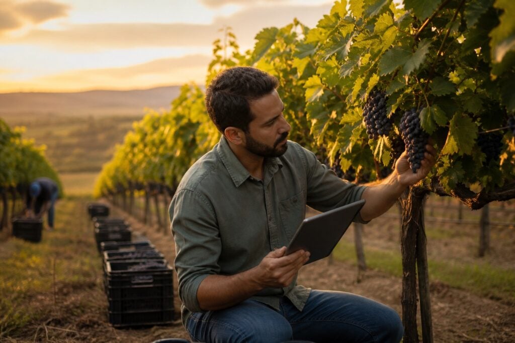 Agrônomo avaliando cachos e registrando estimativa de safra em vinhedo