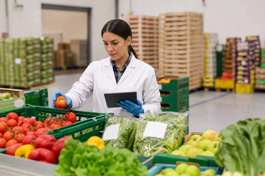 Profissional de qualidade avaliando frutas e hortaliças no recebimento