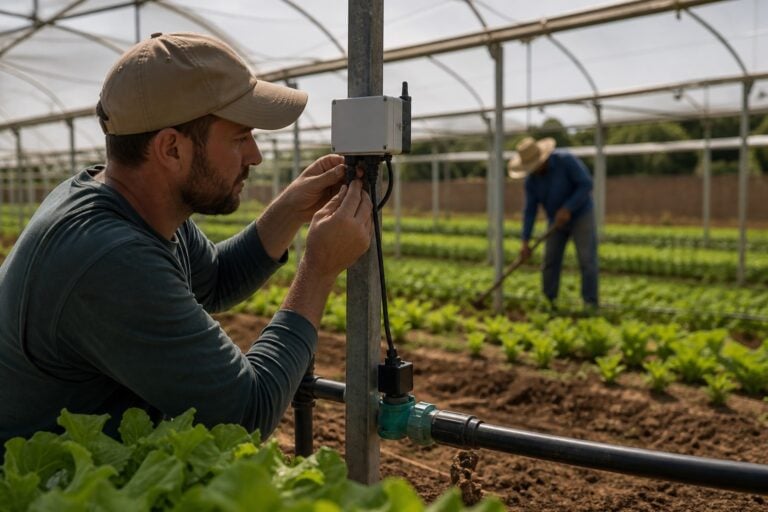 Técnico instalando sensor e controlador em um setor piloto de irrigação