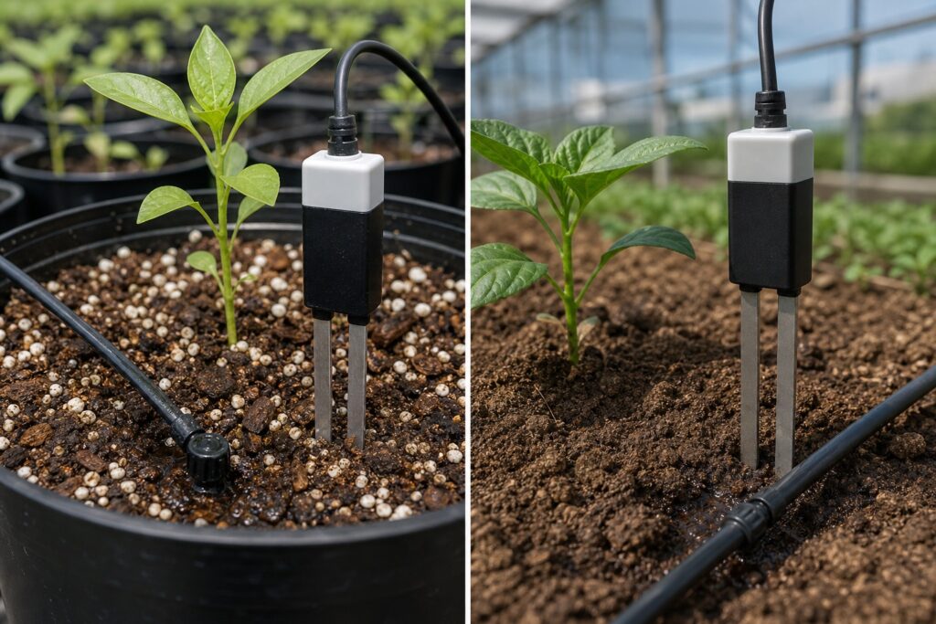 Sensores de umidade FDR e TDR instalados em vaso e solo