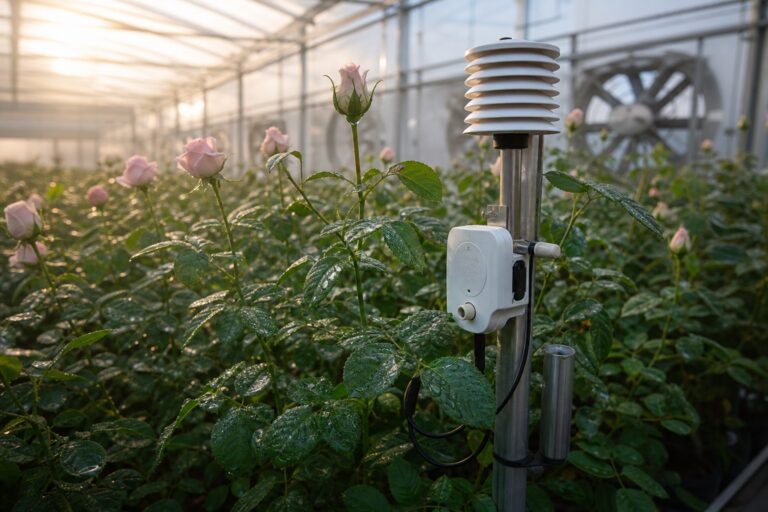 Rosas com molhamento foliar e sensor ambiental em estufa ao amanhecer