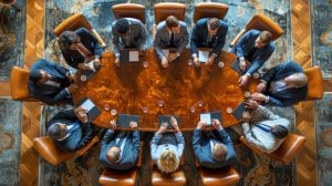 Grupo debatendo a ata de fundação para criar um sindicato legalmente.