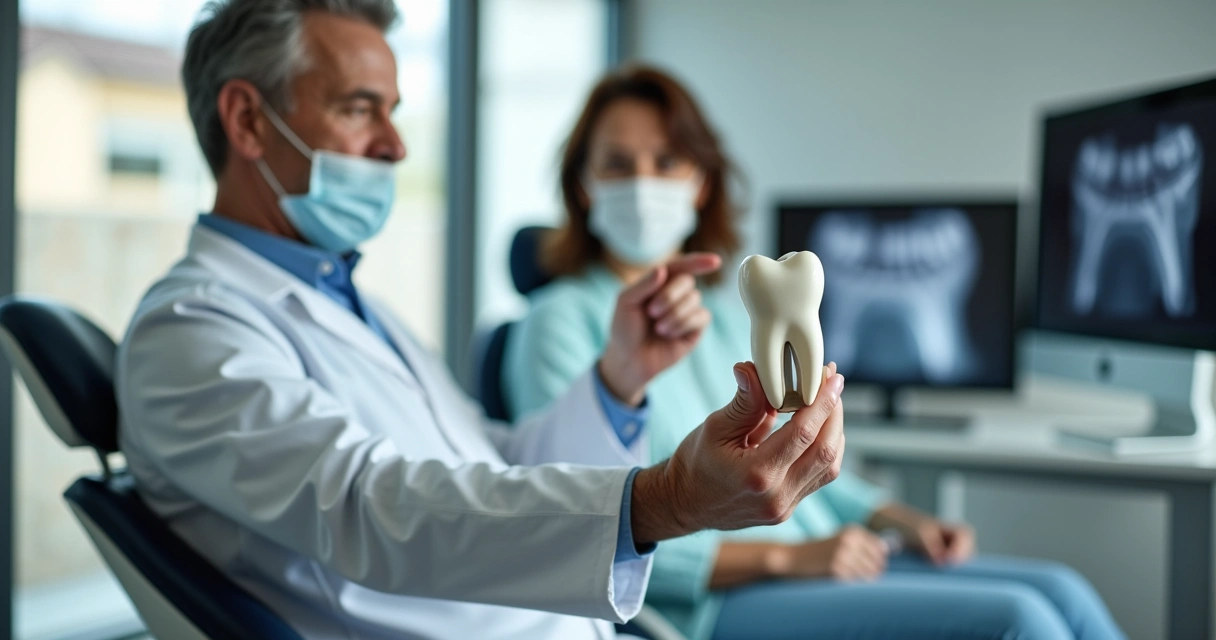 Dentista mostrando em modelo de dentes a diferença entre extração e implante