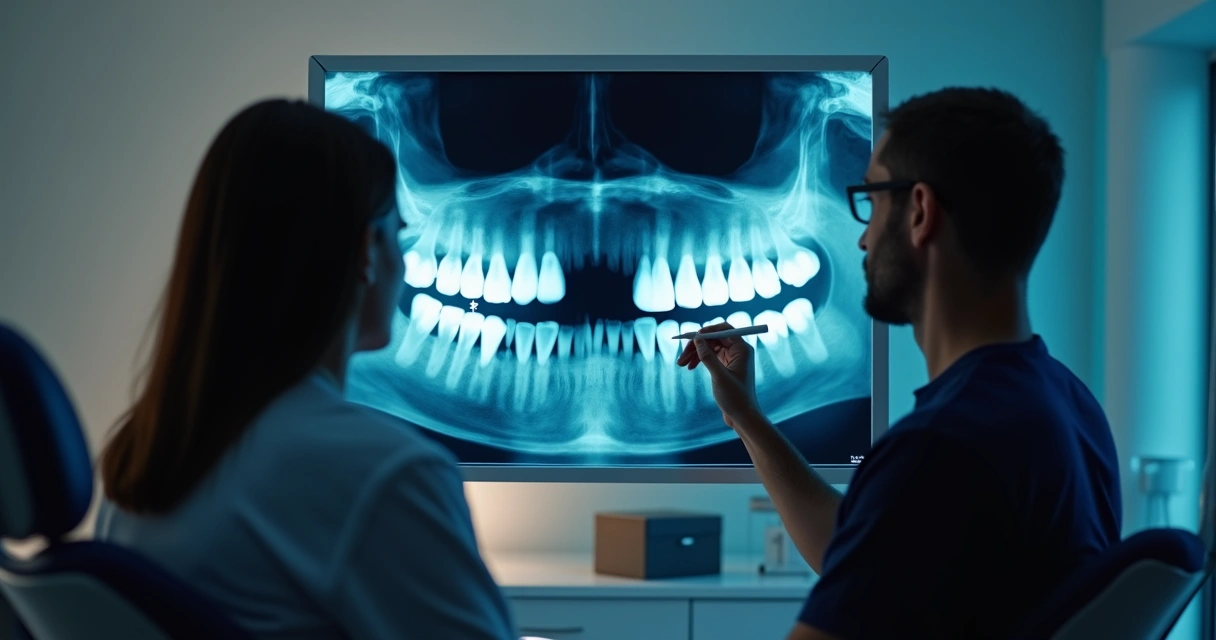 Radiografia bucal mostrando espaço de dente perdido entre dentes saudáveis