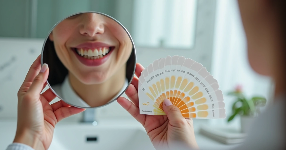 Comparação de dentes escurecidos e claros com cartela de cor diante de espelho de mão