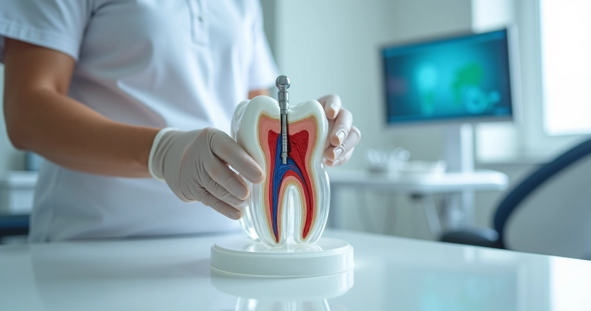 Dentista segura modelo ampliado de dente com tratamento de canal e pino metálico de reforço