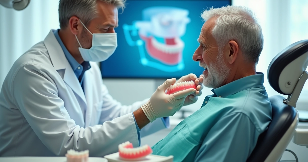 Dentista avaliando prótese total em boca de paciente idoso em consultório moderno