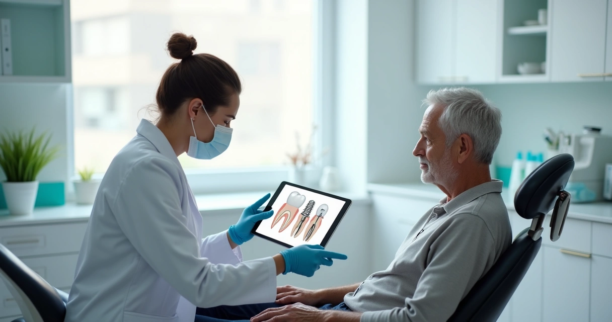 Dentista mostrando em tablet as etapas do implante dentário para paciente sentado