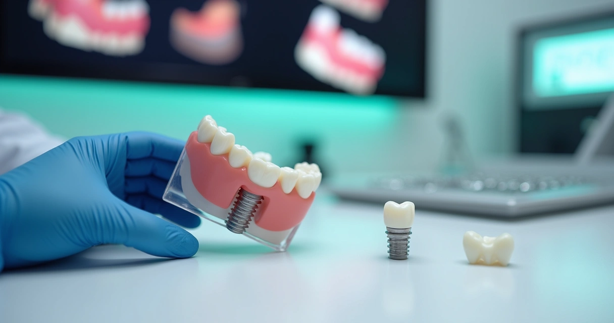 Mão de dentista mostrando coroa provisória sobre implante em modelo de boca