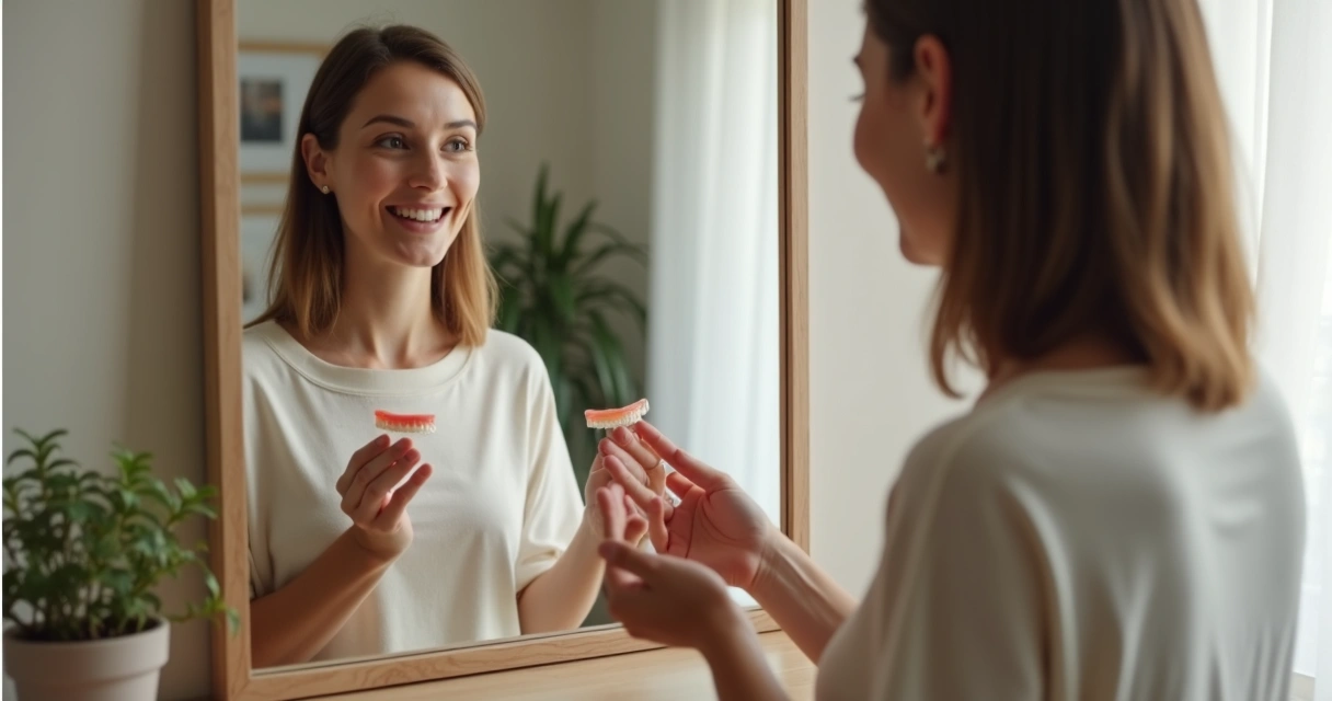 Adulto segurando prótese dentária e sorrindo em frente ao espelho