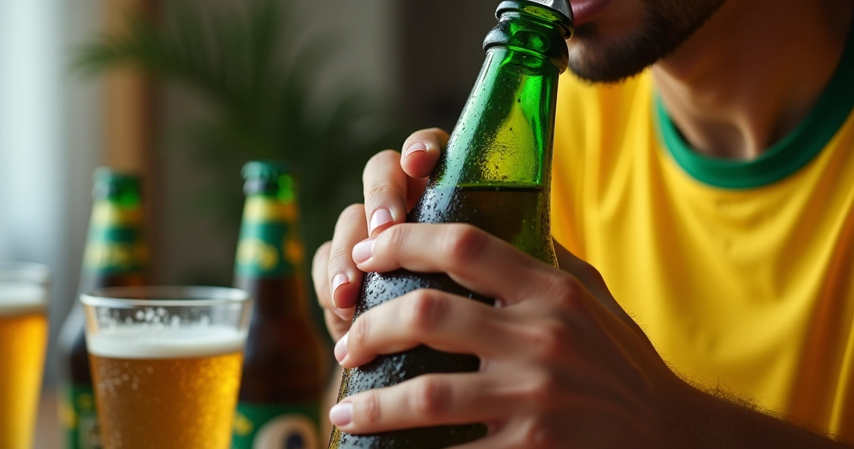 Torso de pessoa em festa segurando abridor afastando garrafa da boca