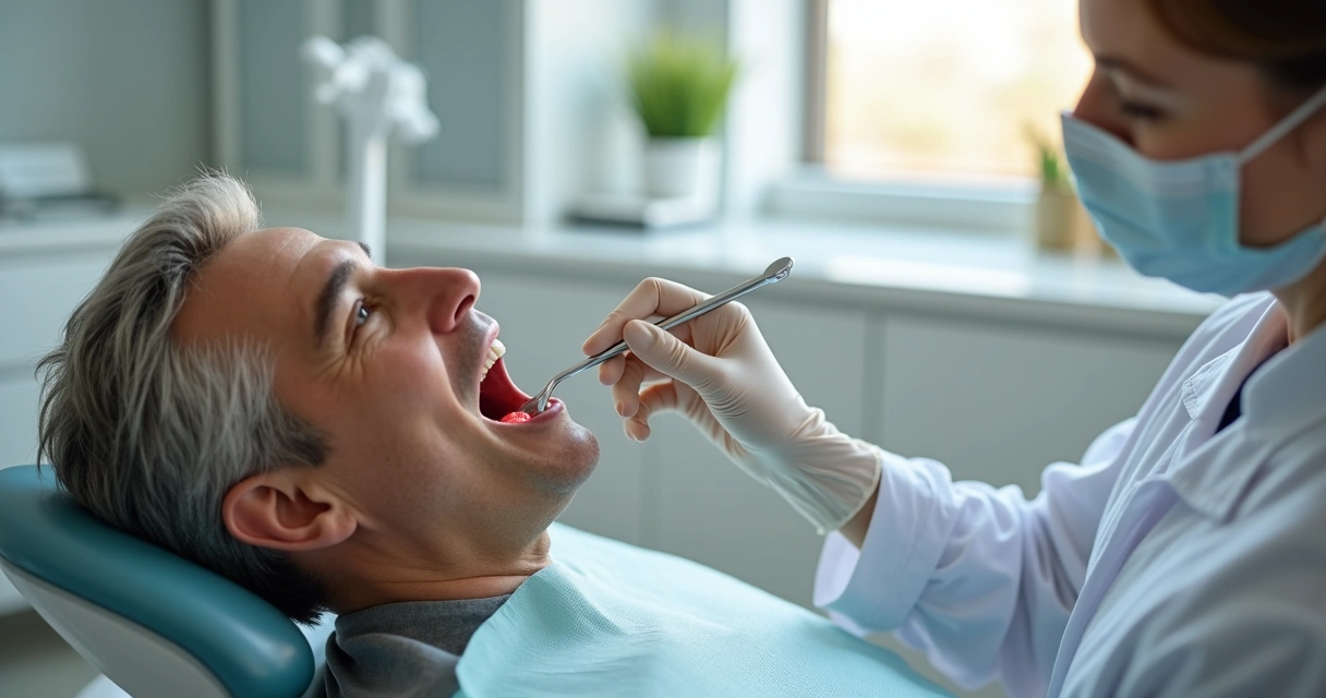 Dentista examinando afta na boca de paciente em consultório moderno
