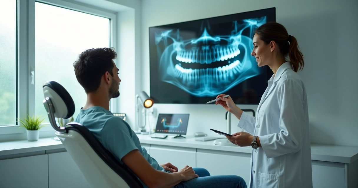 Jovem em consultório odontológico observa radiografia dental enquanto conversa com dentista