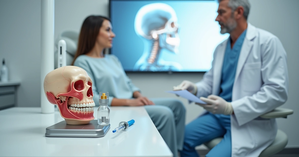 Dentista explica tratamento com botox para bruxismo usando modelo de mandíbula