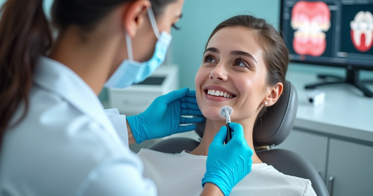 Dentista examinando sorriso de paciente adulto em consultório moderno e iluminado