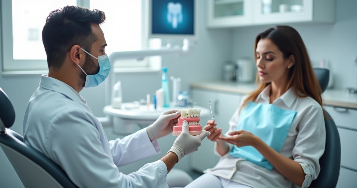 Dentista mostrando em um modelo bucal como higienizar implante dentário a uma paciente adulta