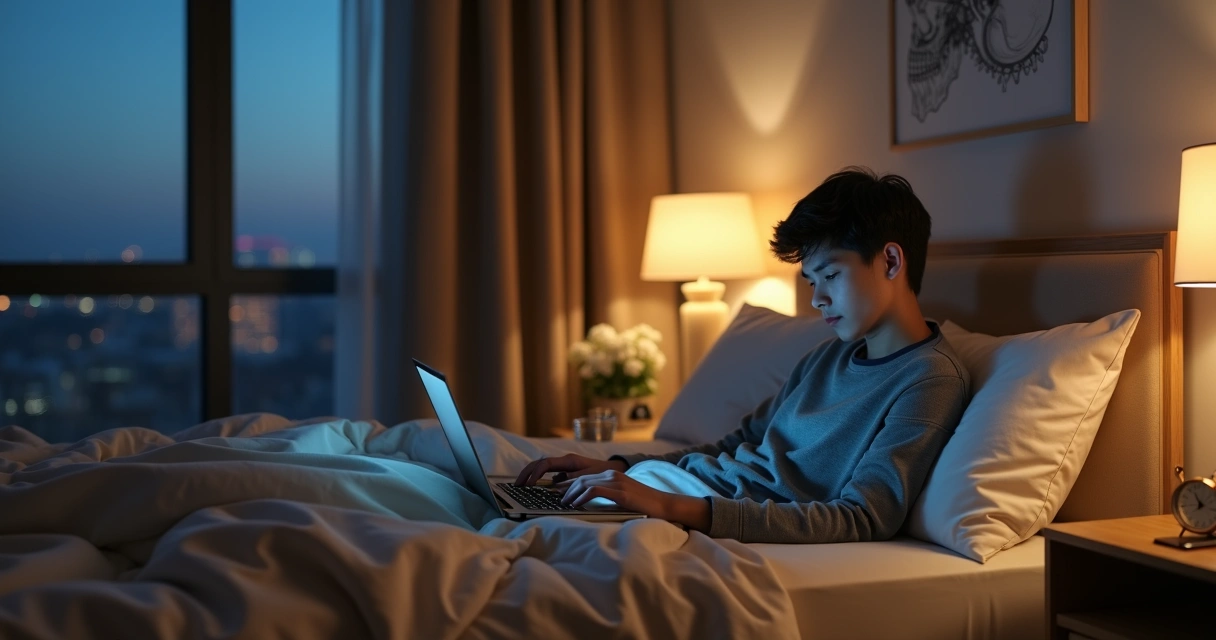 Pessoa pressionando lateral da mandíbula enquanto trabalha no notebook na cama