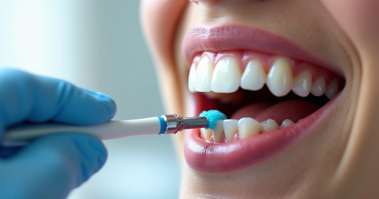 Close-up da região de implante dentário sendo higienizada com escova interdental