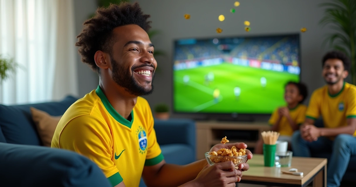 Torcedor com roupa do Brasil segurando petiscos crocantes e protegendo o sorriso com foco nos dentes saudáveis
