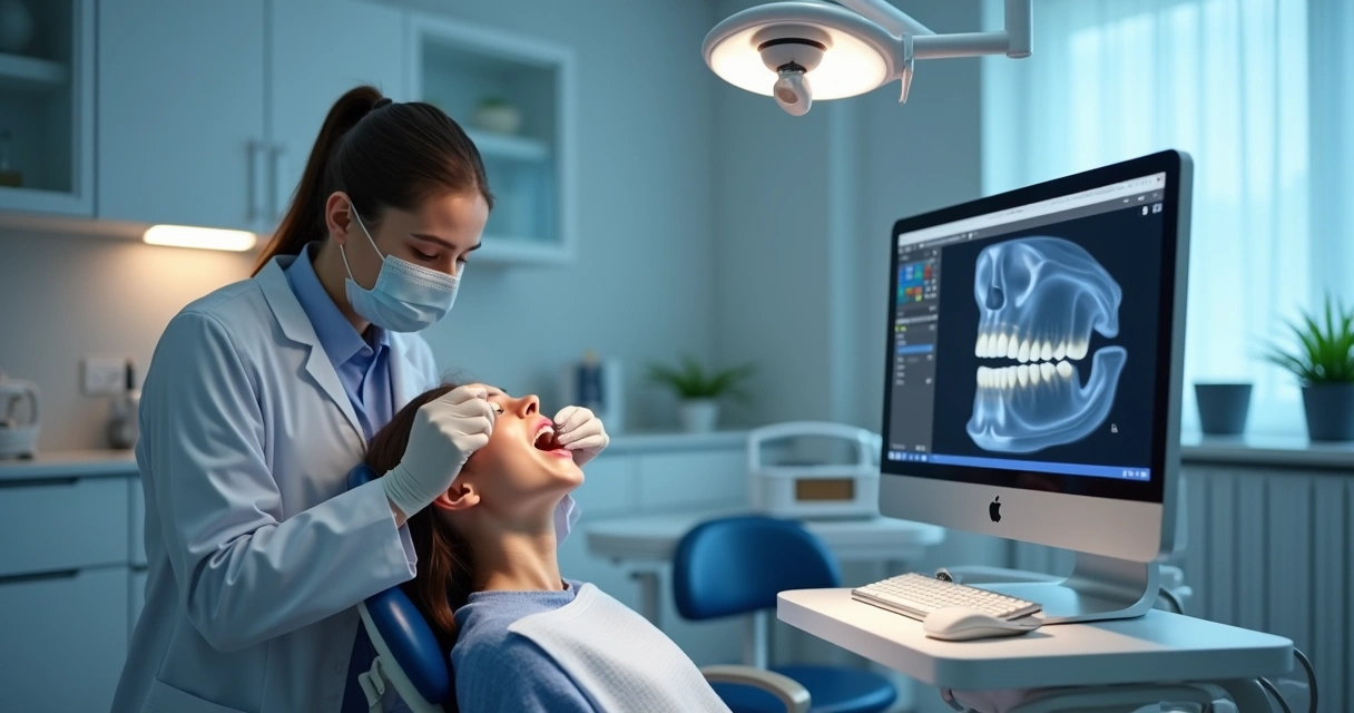 Dentista examinando paciente para tratamento de bruxismo em clínica moderna