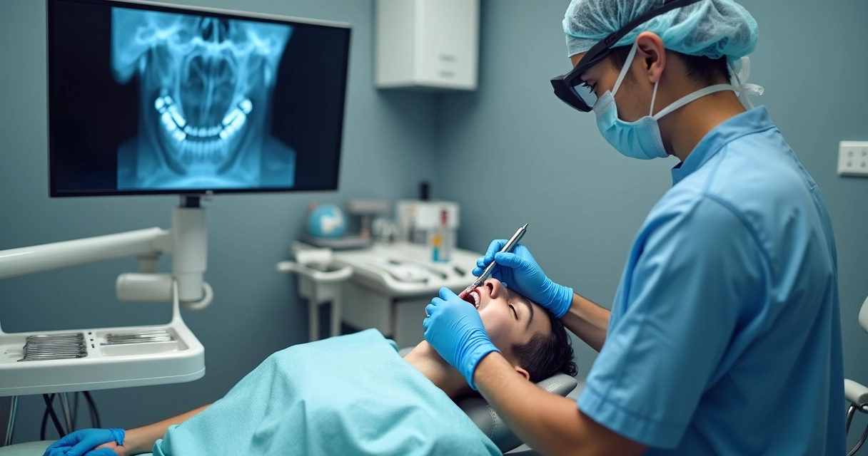 Cirurgião-dentista realizando extração de siso em clínica moderna com paciente tranquilo