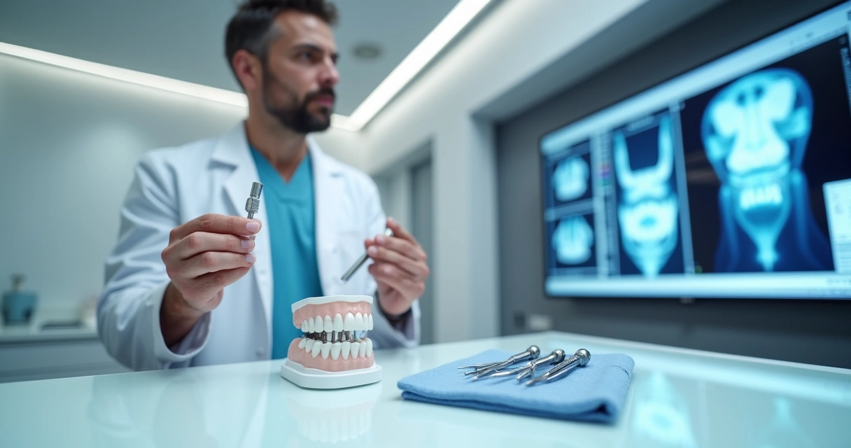 Dentista segura implante dentário e prótese sobre mesa com tela 3D ao fundo