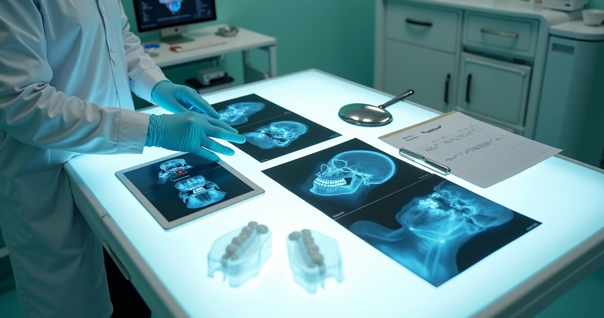 Dentista organiza diferentes exames odontológicos sobre mesa luminosa