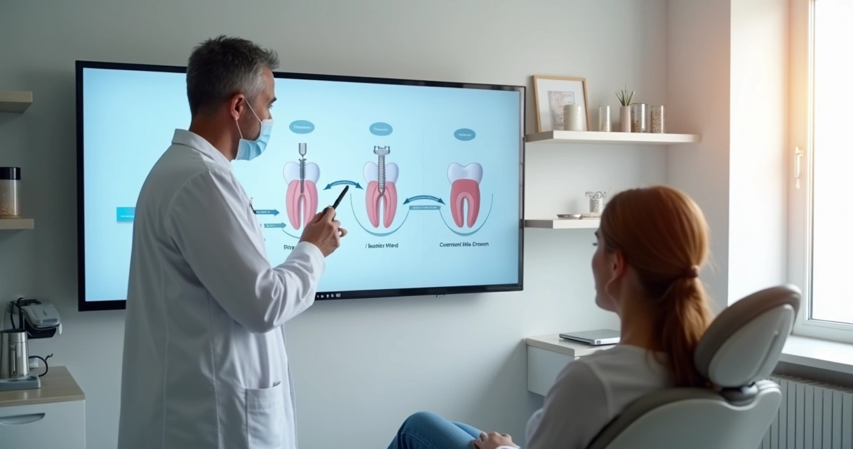 Dentista mostrando passo a passo do implante dentário em tela com ilustração do dente