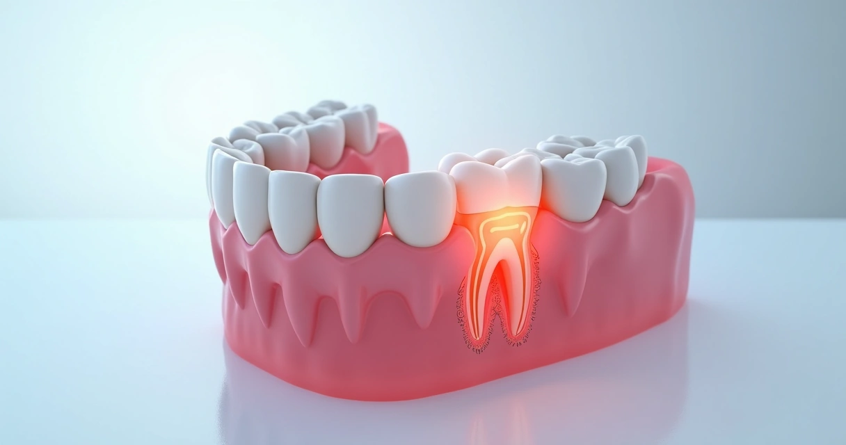 Ilustração médica do maxilar com dente do siso incluso pressionando os outros dentes
