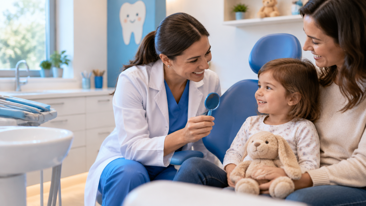 Odontopediatra conversa com uma criança acompanhada pelo responsável em consultório acolhedor