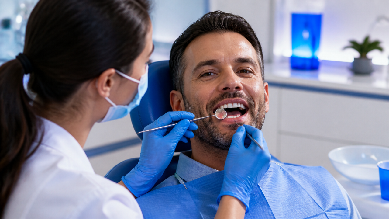 Paciente em avaliação odontológica por retração gengival em consultório moderno