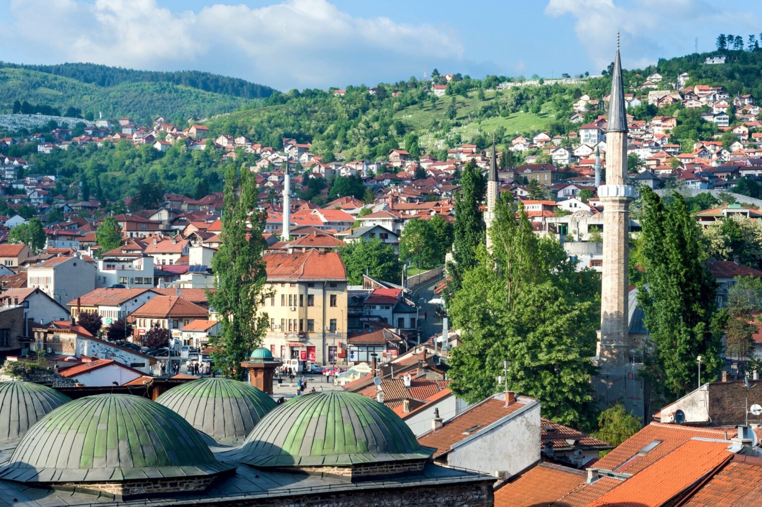 Bascarsija mosque and cupolas of Brusa Bezistan Bazar, Sarajevo, Bosnia and Herzegovina