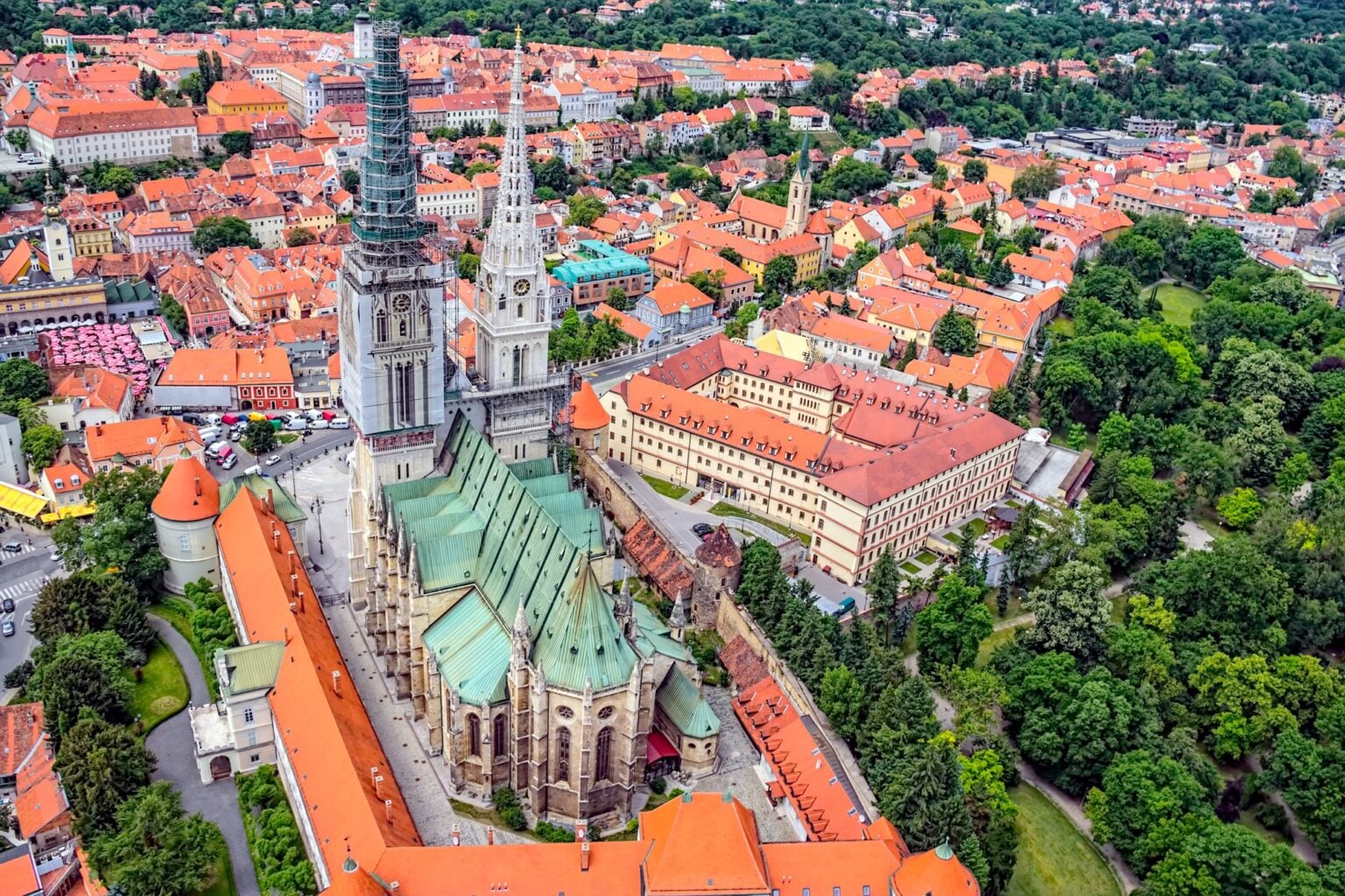 Zagreb Cathedral with Archbishop's Palace, Croatia. Helicopter aerial view.