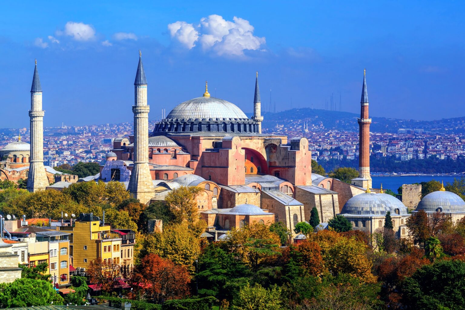 Panoramic view of Istanbul city with Hagia Sophia basilica minarets and Bosporus, Turkey