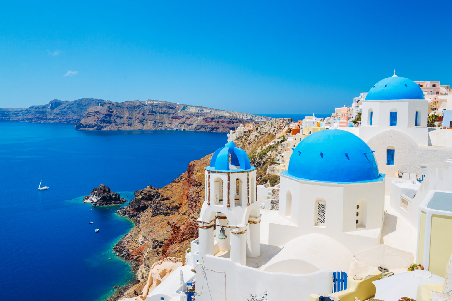 Santorini Island, Greece, Beautiful View of Blue Ocean and Traditional Dome Church Architecture