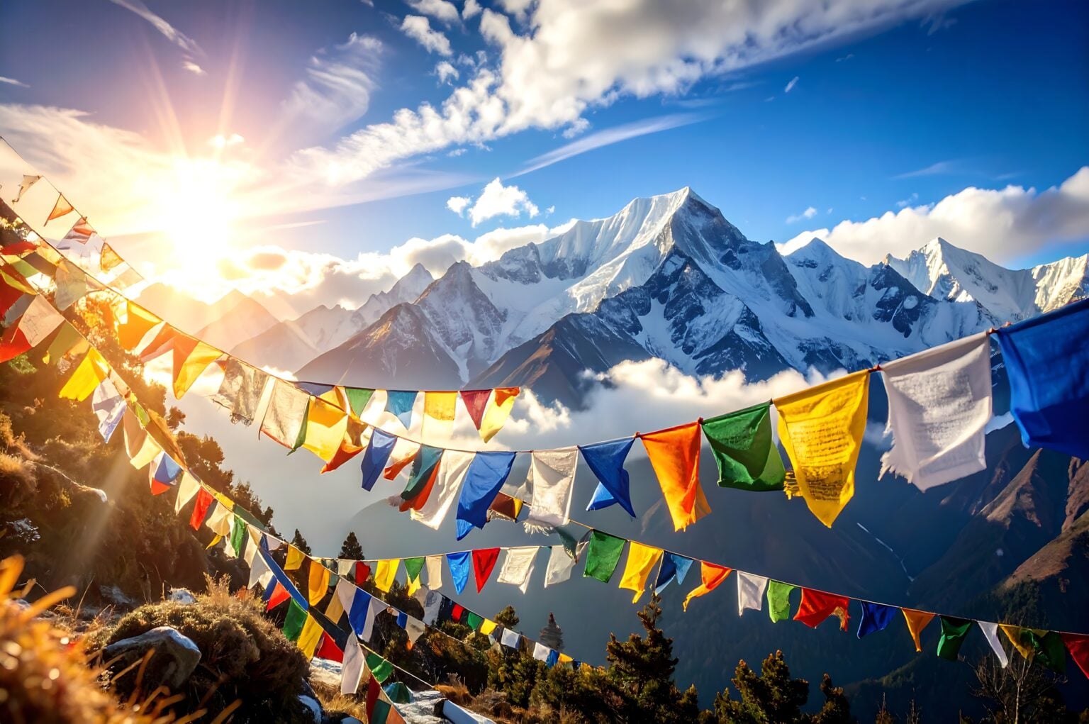 Himalayas, mountain, prayer flags, landscape, sky, clouds, snow, peak, summit, blue, colorful, Buddhism, wind, spiritual, travel, scenery, altitude, daylight, outdoors, mountain range, sacred, tradition, culture, vibrant, serene, peaceful, Asia, Nepal, Tibet, adventure, exploration, high altitude, remote, sunlight, sunshine, hill, slope, valley, panoramic, vista, horizon, elevation, view, textile, fabric, ceremony, meditation, harmony, belief, devotion