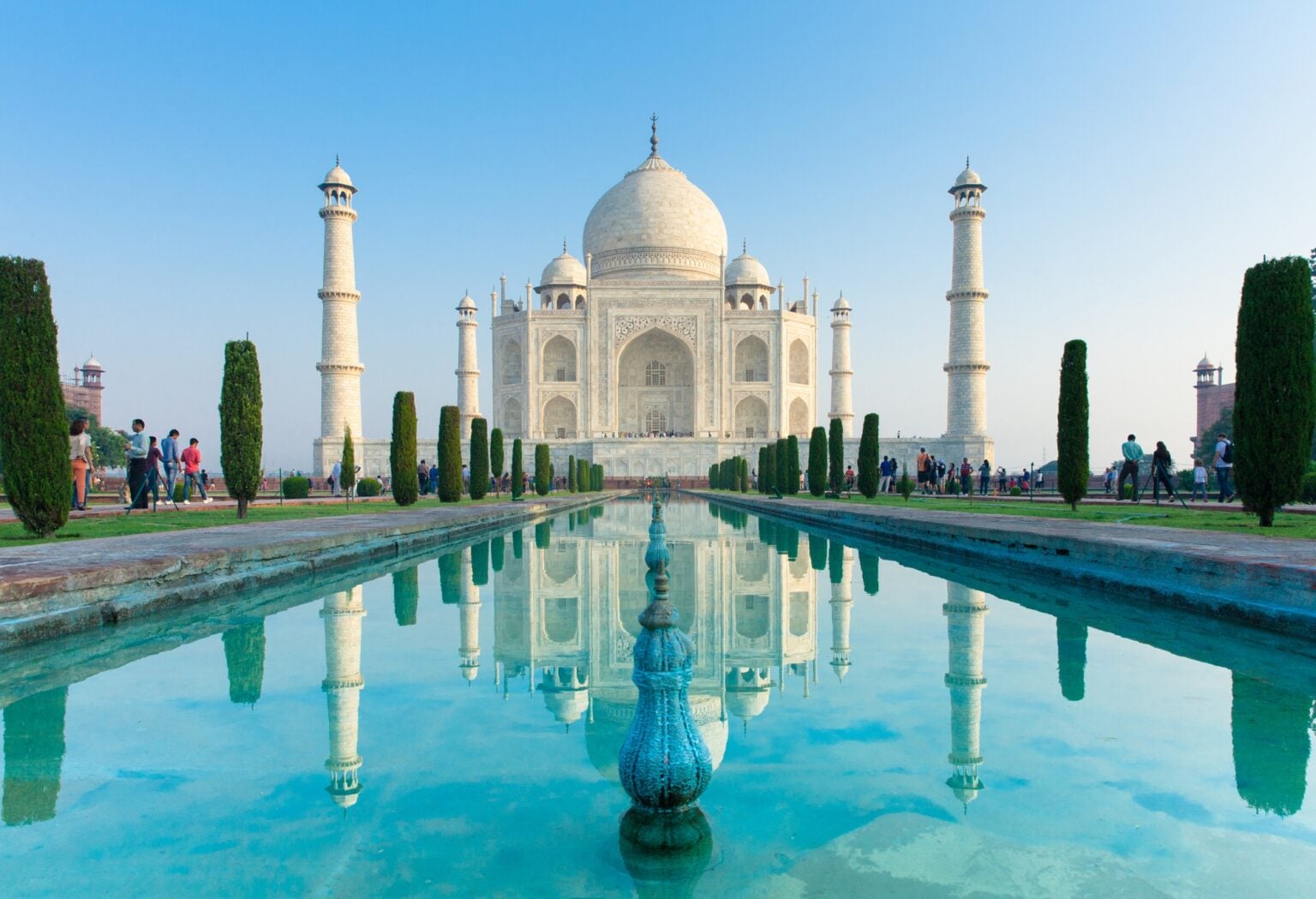 The morning view of Taj Mahal monument reflecting in water of the pool, Agra, India on 04 October, 2014.