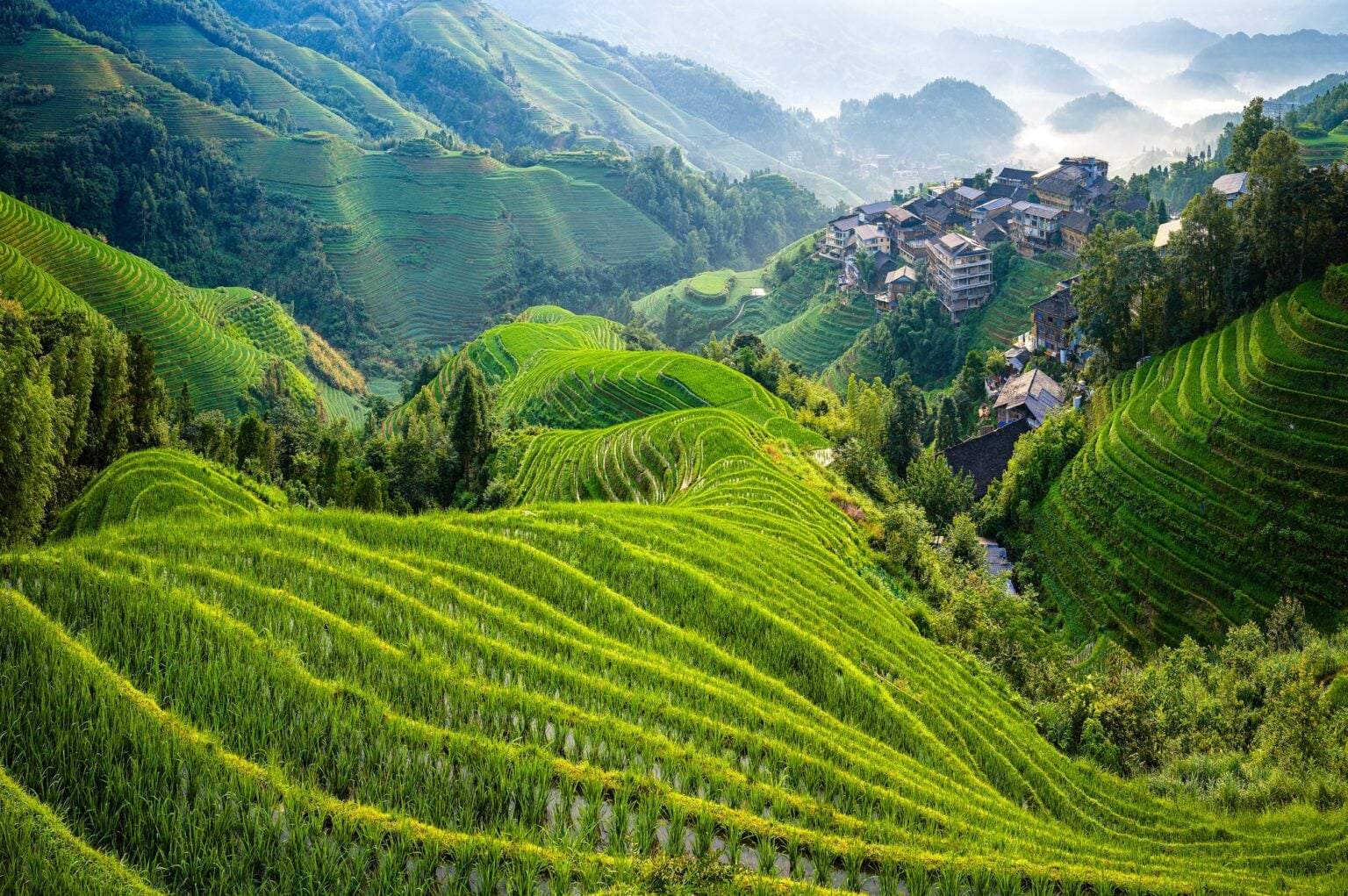 Lush green rice terraces and traditional ethnic minority village houses in Longji, Guilin, China.