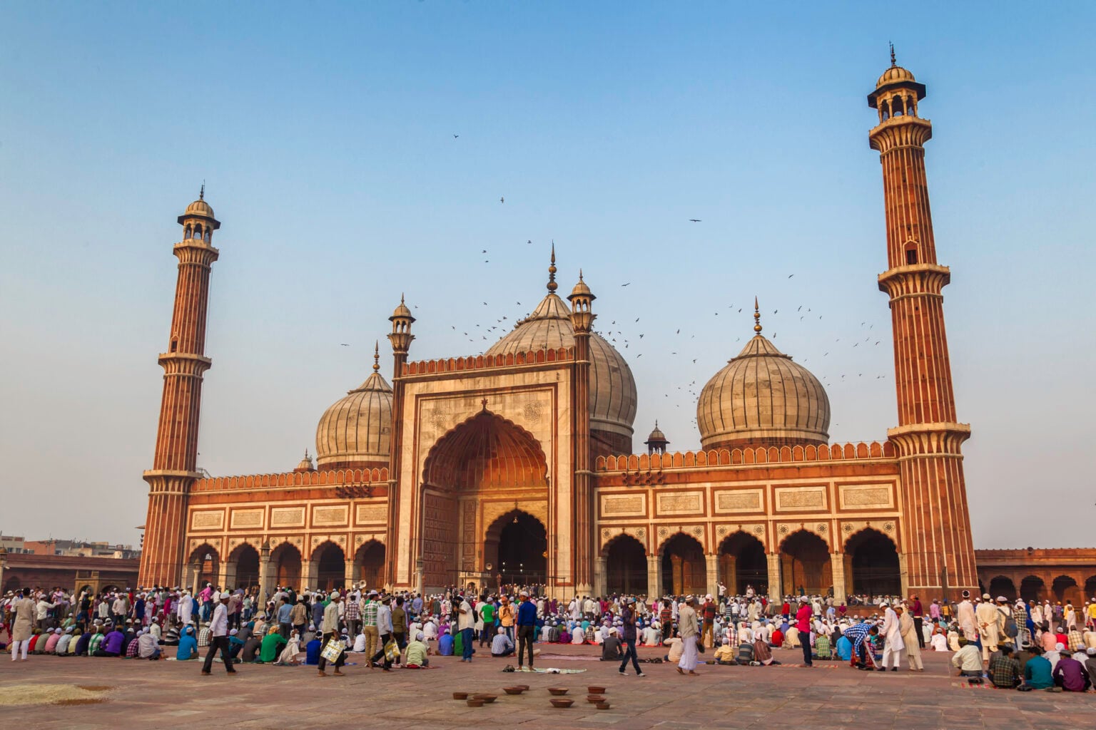 Scene of Old Delhi Jama Masjid(mosque) on the day of Muslim major festival Eid-al-fitr, on this day thousands of muslim gather at the historical and one of the oldest mosque of the city to offer Namaz(prayer).