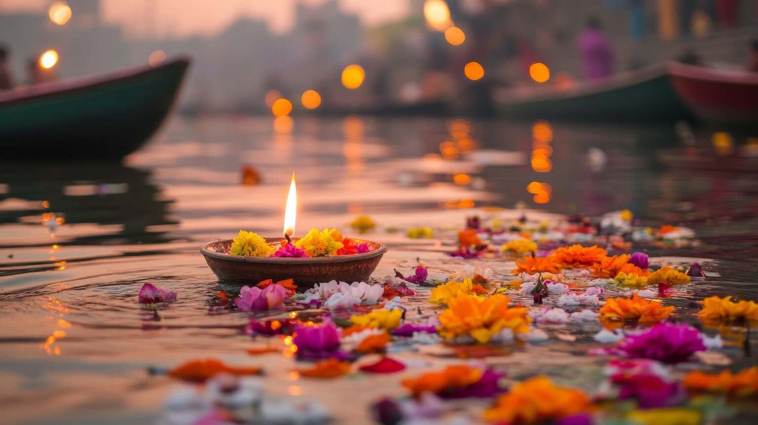Devoted offerings adorned with flowers and a candle float towards the sacred Ganges River at Varanasi Ghats, India.