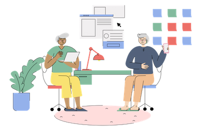 Ilustração cheia de cores representando duas pessoas conversando em um ambiente de trabalho.