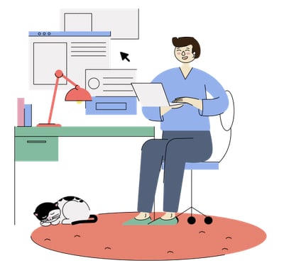 Ilustração representando uma pessoa em um ambiente de trabalho, com um notebook nas mão, e com um gato abaixo da mesa.