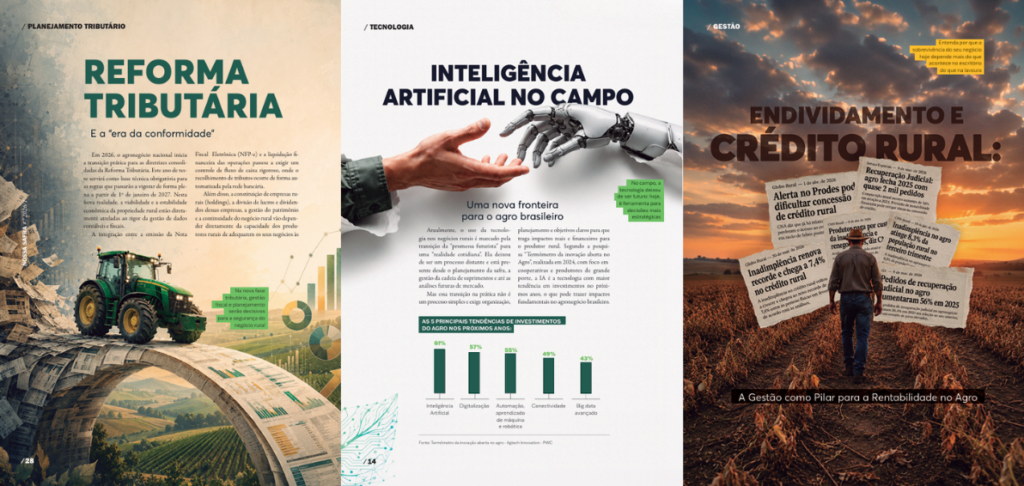 Capas das matérias sobre Reforma Tributária, Inteligência Artificial e endividamento rural.