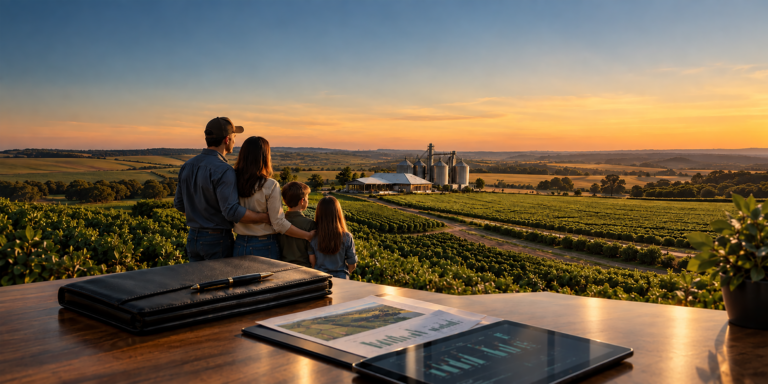 Família a observar a sua vasta propriedade agrícola ao pôr do sol, com uma secretária contendo relatórios financeiros e um tablet em primeiro plano.