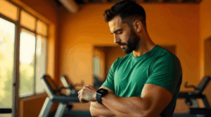 Homem saudável, utilizando a tecnologia para cuidar do seu bem-estar