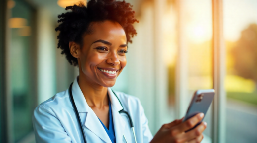 Médica atendendo um paciente pelo celular, demonstrando como a telessaúde é eficiente
