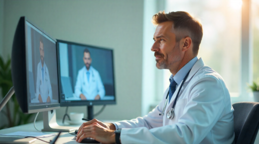 Médico discutindo casos de pacientes com outros médicos por meio de videochamada