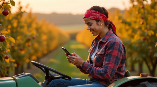 mulher jovem trabalhando numa área rural, usando a telemedicina no celular