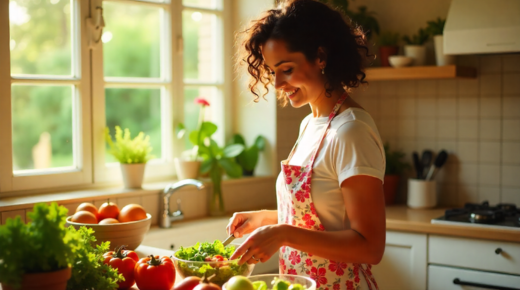 mulher preparando uma salada, mostrando a relação entre alimentação equilibrada e melhora da saúde mental